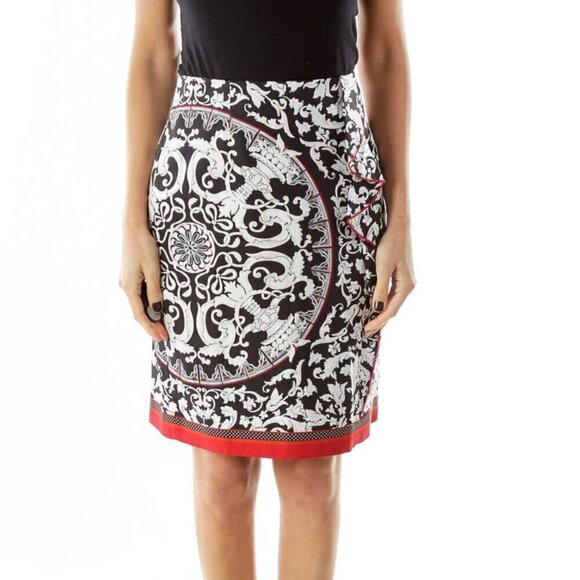 White House Black Market Black/Red Printed A Line Midi Skirt - Picture 1 of 3